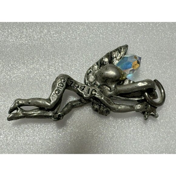 Vintage Pewter Mythical Fairy Pendant Holding Star w Blue Crystal AB Wings - Picture 3 of 5